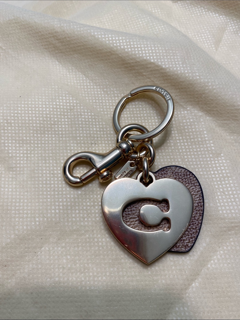 Coach Gold Heart Keychain with Brown Leather Accent
